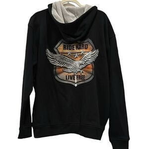 “Ride Hard On The Open Road" Hoodie With Biker Art And Motto Zip Up Hoodie Large
